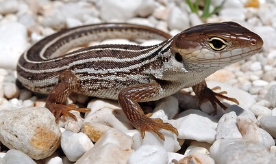 Naklejka premium A close-up of a striped lizard resting on small white stones.