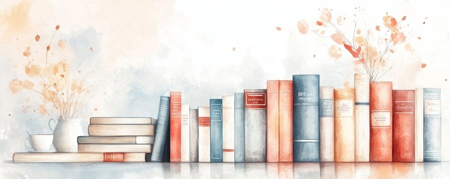 Cozy watercolor bookshop, inviting shelves of bestsellers, warm hues, atmosphere of comfort and discovery, charming and artistic ambiance