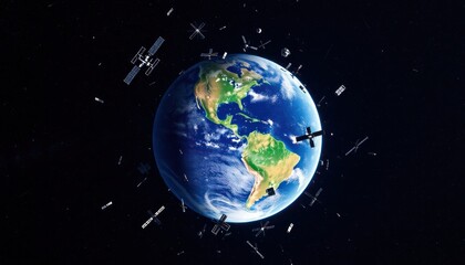 3D illustration of a cluster of space debris, junk and satellites surrounding planet Earth. High quality digital space art in 5K - ultra realistic visualization.
