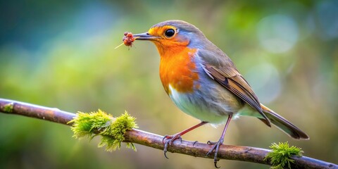 Fototapeta premium Long Exposure of a Robin with Insects on a Branch - Nature, Wildlife, Birdwatching, Erithacus rubecula, Insects, Tree Perch, Natural Habitat, Outdoor