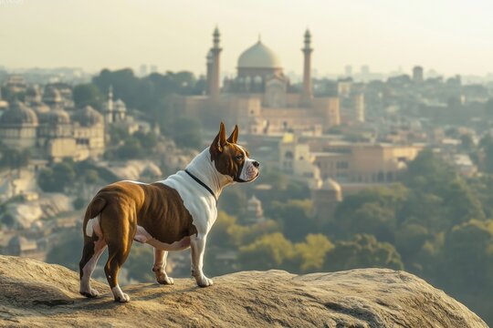 A bully kutta gazes over a cityscape with historical architecture in the background.