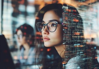 A woman with glasses is seen in front of computer code and data.