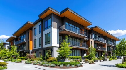 Modern Apartment Building Exterior View with Greenery