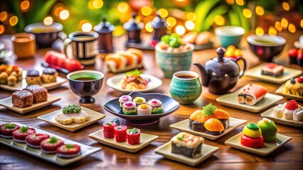 Fototapeta premium Miniature Food and Drink Icons in Tilt-Shift Photography for Culinary Aesthetics and Visual Delight