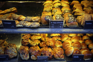 Bakery display with Danish Pastries - Vestergade - Copenhagen - Denmark