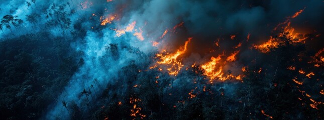 Fototapeta premium Aerial view of a devastating forest fire at night, showing intense flames and smoke engulfing the trees.
