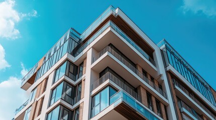 Obraz premium Modern High-Rise Apartment Block Against Blue Sky
