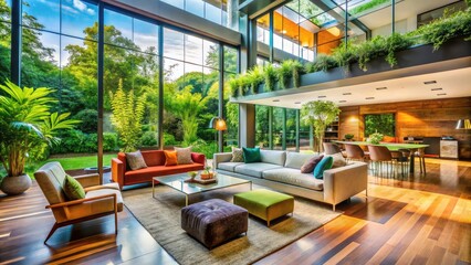 Naklejka premium Modern Interior Design Landscape Photography: Contemporary Home Aesthetic with Natural Light and Minimalist Decor, Showcasing Open Spaces and Elegant Furnishings in a Serene Environment