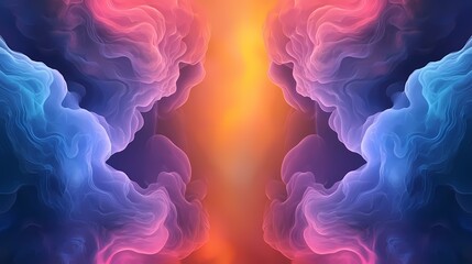 Obraz premium The image contains an abstract design featuring flowing, translucent forms in shades of blue, pink, and purple, creating a symmetrical pattern with a central, warm orange glow.