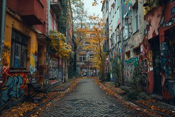 Fototapeta premium Autumn-colored alley in Berlin filled with vibrant street art and graffiti on old buildings, capturing the essence of urban culture and creativity in an artistic neighborhood.