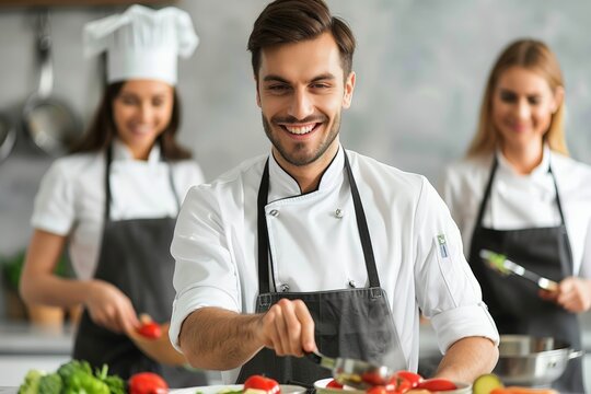 Smiling chef in white uniform preparing vegetables in professional kitchen with two assistants in background, clean and vibrant culinary scene full of energy and focus.