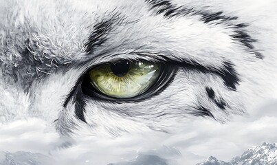 A close-up of a majestic white tiger's eye, surrounded by a misty mountainous landscape.