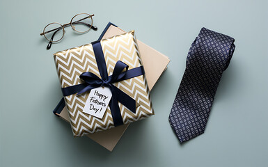 Father's Day-themed flat lay composition on a light blue background. Gift box, tie, a sunglass. Father's day background, banner, poster, template.  