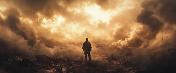 Fototapeta premium A lone soldier surveys the desolate battlefield shrouded in swirling smoke and billowing flames as the sun sets in the background. The atmosphere is tense and chaotic