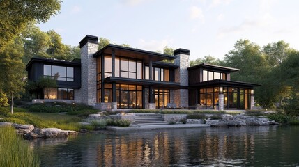 Obraz premium Modern Luxury Lakeside Home with Boathouse View