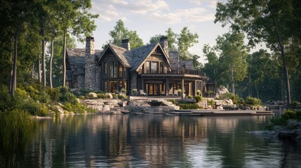 Obraz premium Expansive Lakeside Home with Boathouse Retreat