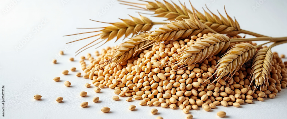Poster a bunch of wheat and rice grains are spread out on a white background. the grains are scattered in v