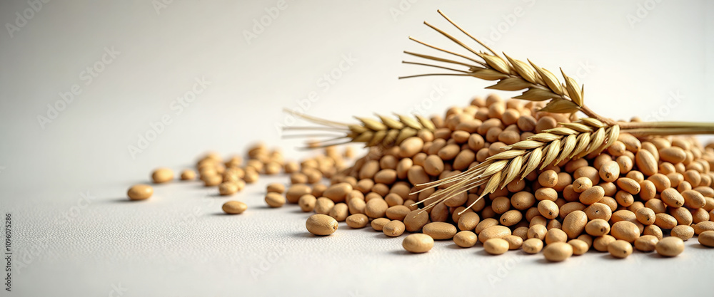 Poster a bunch of wheat and rice grains are spread out on a white background. the grains are scattered in v