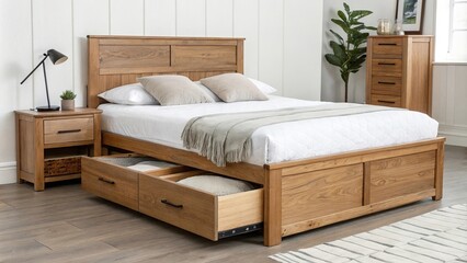 Wooden bed with a storage drawer in a minimalist bedroom, modern style, wood furniture