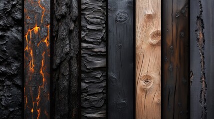 A burnt wood, with dark and light textures.