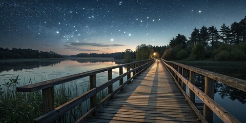 Fototapeta premium Wooden boardwalk bridge spanning the river at night with stars shining in the sky, wooden boardwalk, serene landscape, forest surroundings, outdoor architecture