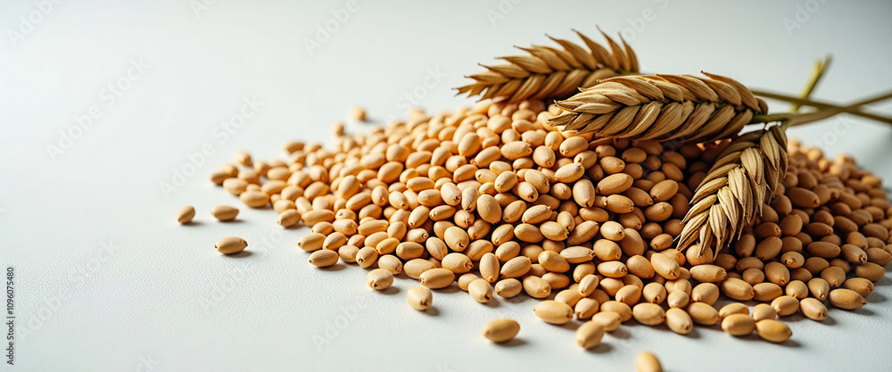 Poster a bunch of wheat and rice grains are spread out on a white background. the grains are scattered in v