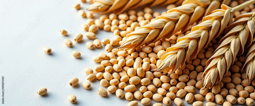 Poster a bunch of wheat and rice grains are spread out on a white background. the grains are scattered in v