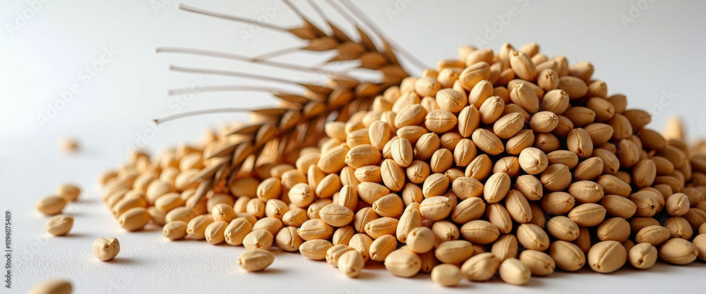 Poster a bunch of wheat and rice grains are spread out on a white background. the grains are scattered in v