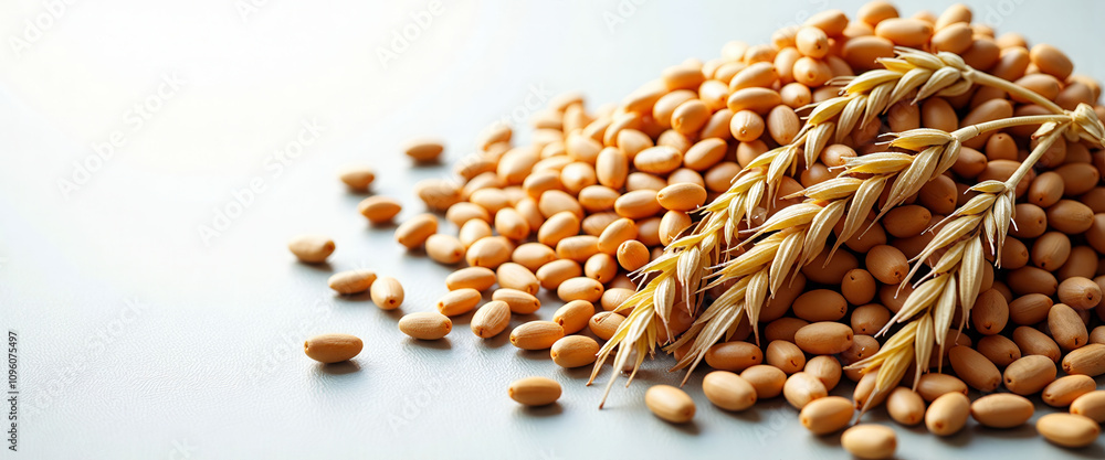 Poster a bunch of wheat and rice grains are spread out on a white background. the grains are scattered in v