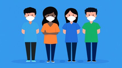Four diverse characters in masks stand together against a blue background, ideal for healthcare-related projects, safety campaigns, or educational materials focused on health awareness,
