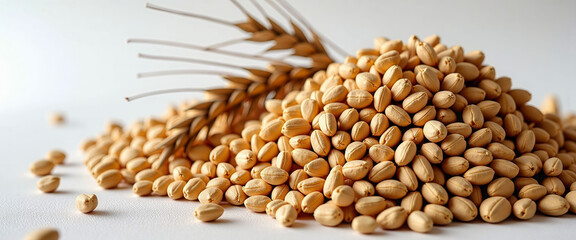 Obraz premium A bunch of wheat and rice grains are spread out on a white background. The grains are scattered in various sizes and shapes, creating a sense of abundance and diversity