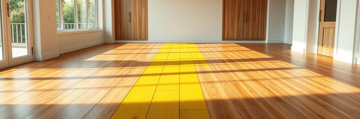 Wooden floors with a horizontal yellow stripe running down the center of a room in a contemporary style home, contemporary style, , wooden floors