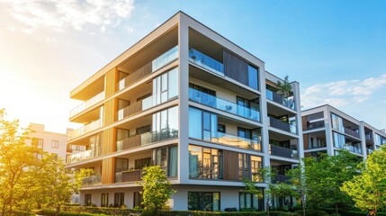 Obraz premium Modern Apartment Building Facade at Sunset