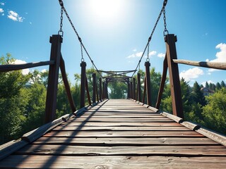 Fototapeta premium Wooden planks of an old bridge suspended above the forest floor beneath a bright blue sky with gentle sunlight filtering through, outdoors, sunlight
