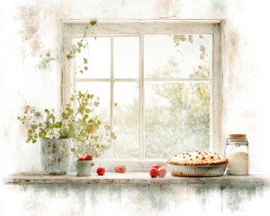 Rustic kitchen with freshly baked American pies cooling on a window sill, overlooking a vibrant garden in a watercolor style