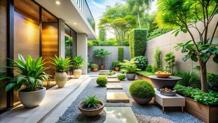Fototapeta premium Serene Modern Minimalistic Home Garden: Tranquil Spaces, Greenery, and Stylish Decor for Fashion Photography Inspiration
