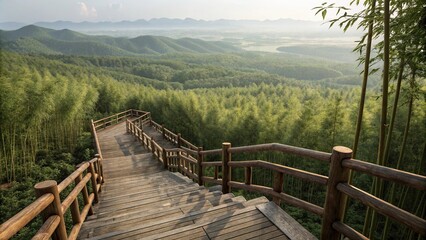 Obraz premium Wooden railings and steps lead up to a lookout point over a vast bamboo landscape, scenic overlook, wooden railing, wooden stairs