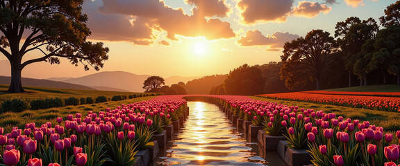 Fototapeta premium A beautiful garden with a river running through it. The sun is setting, casting a warm glow over the scene. The flowers are pink and the water is calm