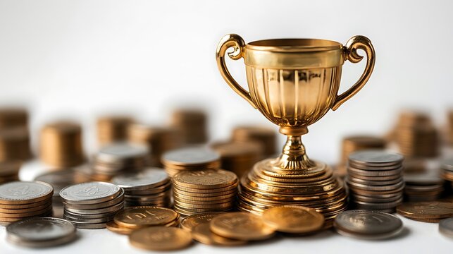 Trophy coins and rising graph showcasing financial success on a clean white backdrop