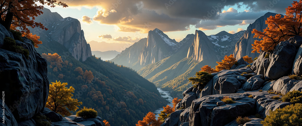 Poster a mountain range with a river running through it. the mountains are covered in trees and the sky is 
