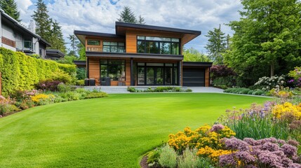 Modern Home with Architectural Lines and Lush Garden