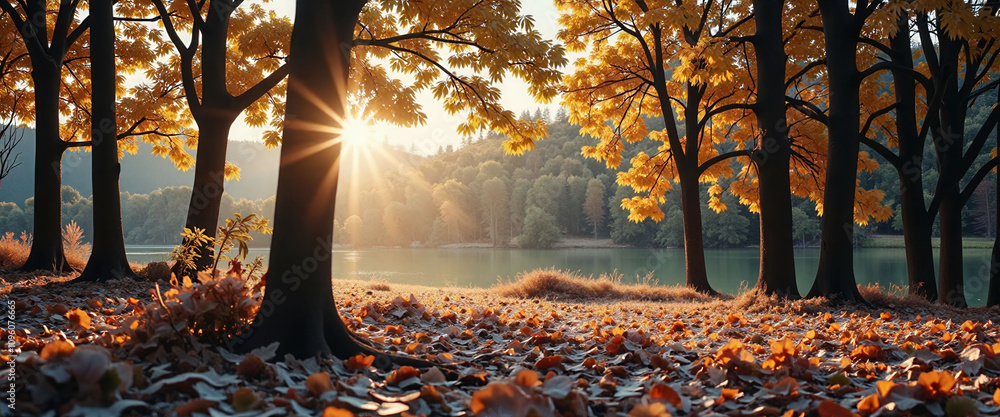 Poster a forest with a lake in the background. the sun is shining through the trees, creating a warm and pe
