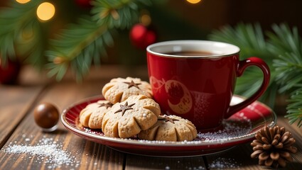 cup of hot cacao and christmas cookies on wooden table and decorations on the background
