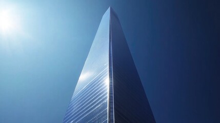 Modern Skyscraper with Sharp Clean Lines in Blue Sky