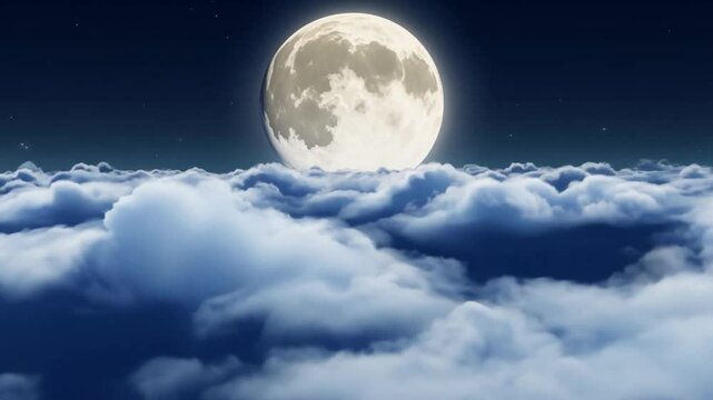 The night sky is filled with a luminous full moon shining brightly over a sea of soft, billowy clouds, creating a tranquil atmosphere. Stars twinkle faintly in the background. - Powered by Adobe