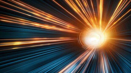 The image shows an abstract representation of speed and movement, depicted as radiant orange and yellow lines converging toward a bright, circular light source at the end of a dark blue tunnel-like s