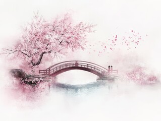Serene Japanese Garden with Cherry Blossoms, delicate bridge over koi pond, soft pink petals drifting in watercolors, tranquil atmosphere