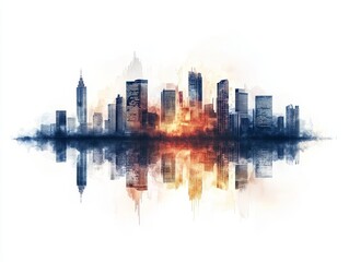 Fototapeta premium Tranquil Lake with Financial Skyline, serene waters mirroring city architecture, gentle ripples echoing stock market trends, soft watercolor hues