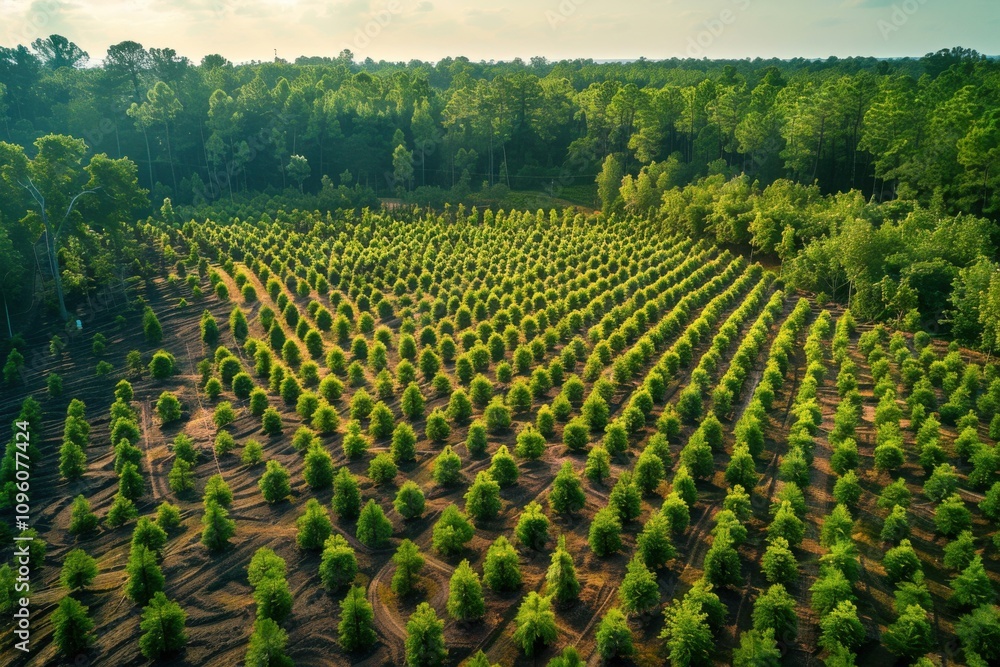Poster aerial view of a reforestation project showcasing neat rows of young saplings planted in a clear pat