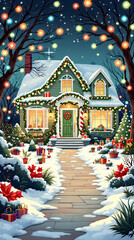 A festive 1950s-style American suburban home adorned with colorful Christmas lights and decorations in whimsical illustration style in illustration style